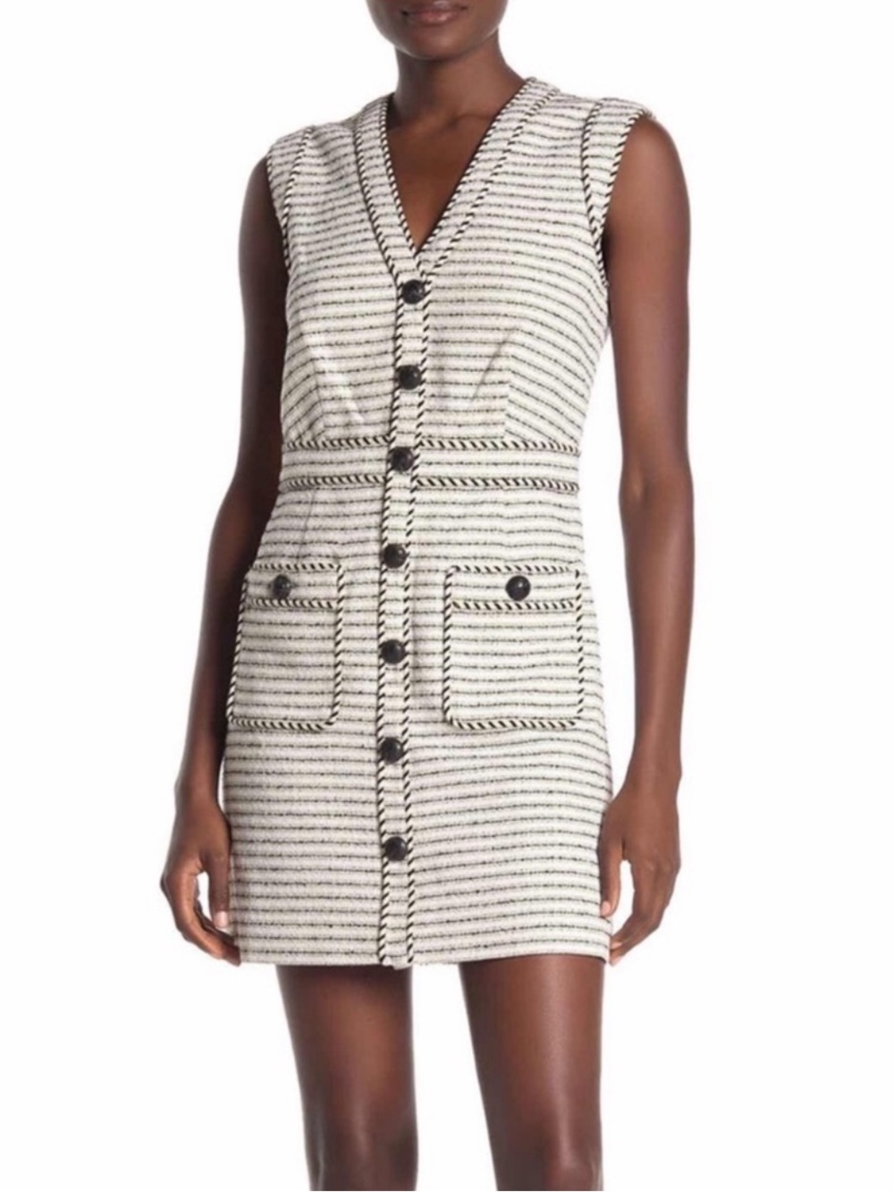Veronica Beard Ivory and Black Striped Tweed Mini Dress